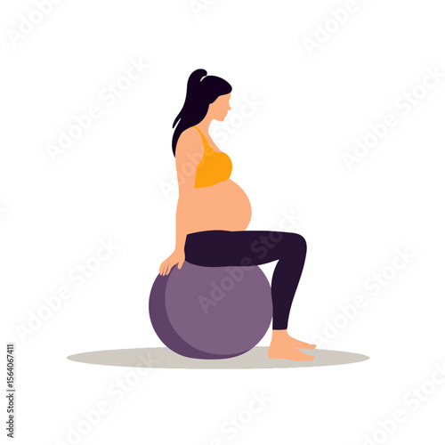 Pregnant woman exercising on fitness ball – prenatal yoga practice, healthy pregnancy