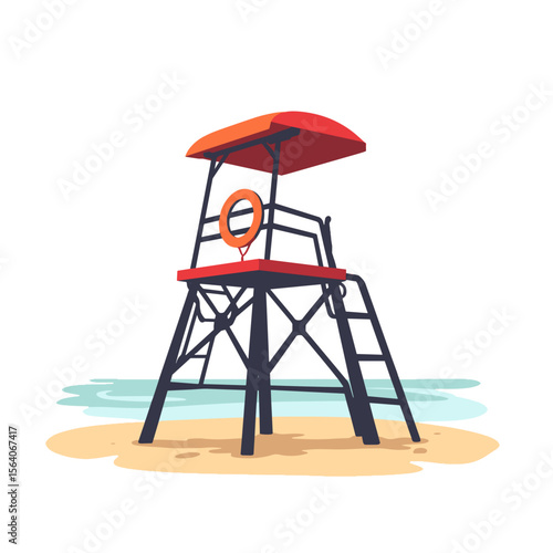 Lifeguard tower on beach with ocean background, summer safety