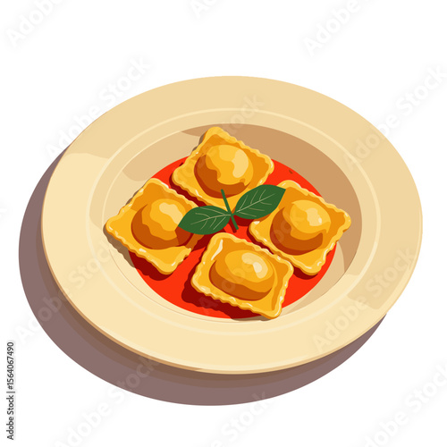 Ravioli on plate with tomato sauce, Italian cuisine pasta dish