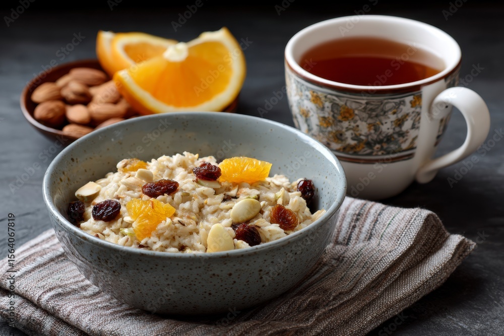 Oatmeal with Orange and Raisins with Almonds and Tea Oatmeal with Orange and Raisins with Almonds and Tea