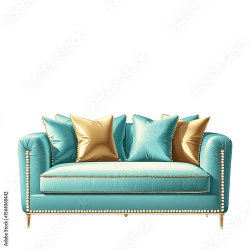 Elegant turquoise sofa with golden frame, detailed upholstery and decorative pillows. Luxurious vector furniture for modern interior design. Isolated on white background.
