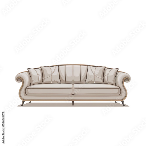 Elegant cream sofa with soft cushions and minimal modern design. Luxurious vector illustration of contemporary furniture. Isolated on white background.