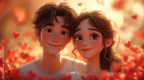 Romantic 3D Cartoon Couple Smiling on Valentine's Day