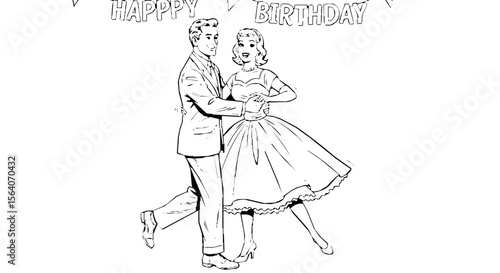 "Retro couple dancing together during birthday celebration — 1950s comic line art style, happy faces, elegant clothing, black and white vector, clear outlines, simple background" genrative ai