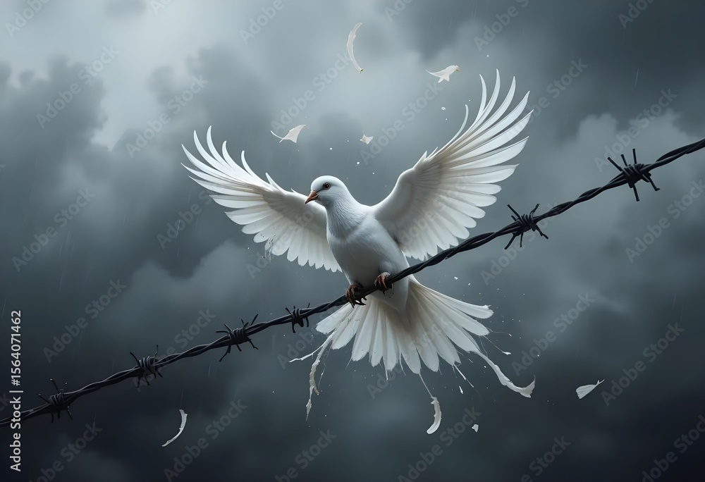 Obraz premium A white dove flying through barbed wire, torn feathers in the air, grey stormy background, high emotional contrast, symbolic peace image.