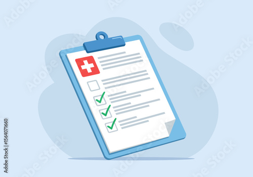 Healthcare Checklist Medical Examination Form Document with Tick Marks and Red Cross Symbol for Health Checkup and Medical Records