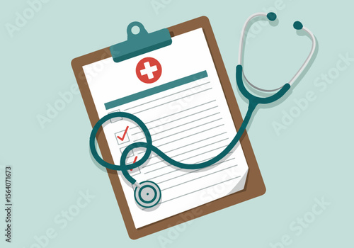 Visual representation of medical care and patient assessment including a stethoscope resting on a document with a checkmark and a medical symbol suggesting health and well-being
