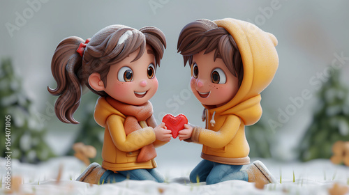 3D Adorable Boy and Girl Exchanging Love Heart in Snow