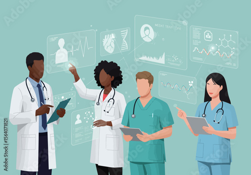 Diverse Medical Professionals Collaborating on Advanced Health Data Analysis and Patient Care Technologies