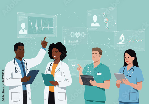 Diverse Medical Professionals Collaborating with Advanced Digital Health Information Using Futuristic Technology Interfaces for Enhanced Patient Care and Research Discoveries