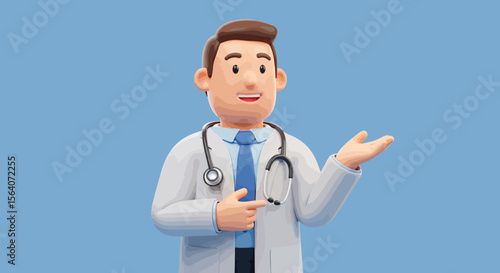 Friendly Cartoon Doctor Explaining Medical Information with a Stethoscope and a White Coat on a Light Blue Background