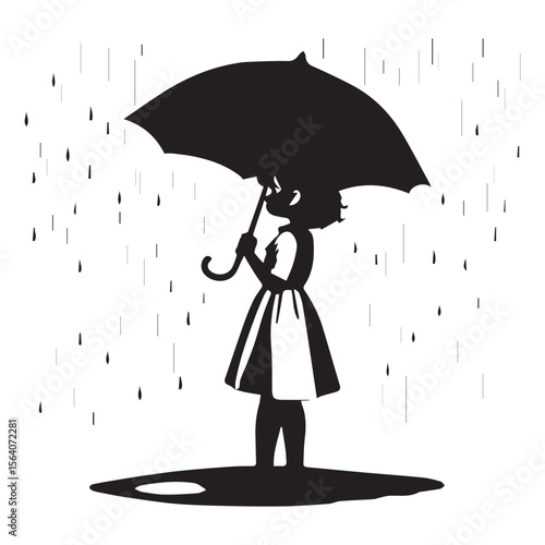 Silhouette of a happy girl holding an umbrella in the rain