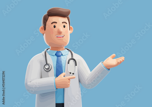 A Friendly Cartoon Doctor Wearing a White Coat and Stethoscope Explaining Something With a Confident Smile and Pointing Gesture Against a Light Blue Background