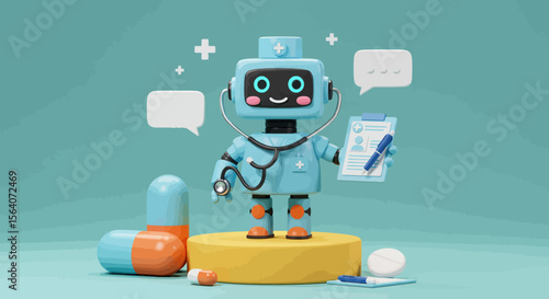 AI healthcare assistant robot with stethoscope and medical chart promoting patient care and advanced health technology solutions