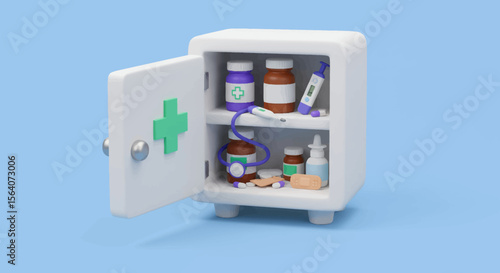 A Compact Medical Cabinet with Essential Health Supplies Including Various Bottles Thermometers and Medications Organized for Easy Access and Care