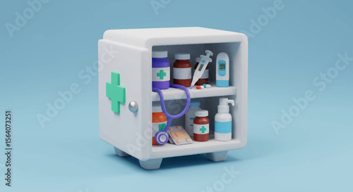 A compact white medical cabinet filled with various healthcare items and accessories creating a complete first aid kit display