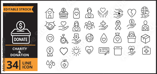 Charity Donation Volunteer Line Icons Set - 34 Outline Vector Icons Collection