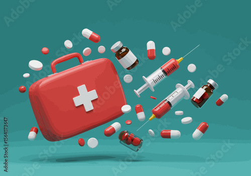 Visual Representation of Medical Supplies and Healthcare Concepts Including Syringes and Capsules in a Dynamic Arrangement