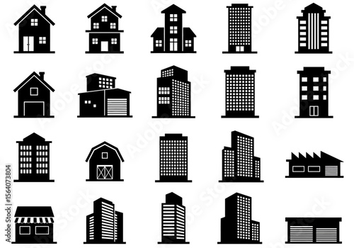 Collection of Diverse Architectural Building Silhouettes Representing Various Residential and Commercial Structures for Design and Graphic Projects