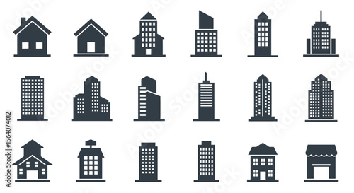 Collection of Diverse Building Silhouettes Representing Various Architectural Styles and Structures in Urban and Residential Settings for Design and Illustration Purposes