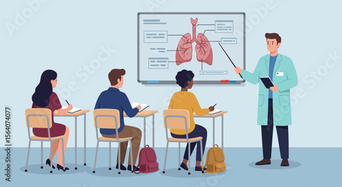 Engaging Science Education A Biology Teacher Instructs Students on the Human Respiratory System Anatomy and Functionality in a Bright Modern Classroom Setting