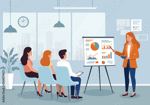 Business Professionals Attend Presentation in Modern Office Space With Flip Chart Displaying Financial Growth Charts and Graphs