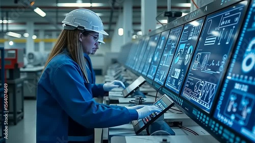 Female engineer works on futuristic control panel in a factory environment for manufacturing and industry 4.0