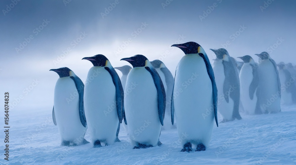 Obraz premium Emperor penguins marching through snowy landscape