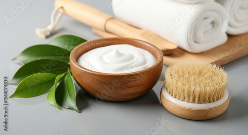 Spa essentials with creamy lotion, wooden brush, rolled towel, and green leaves on a sleek surface, ideal for wellness stock photos