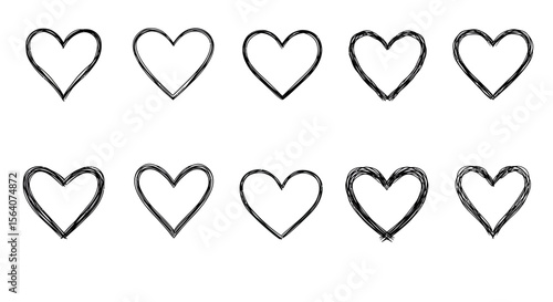 Collection of Ten Hand Drawn Sketchy Hearts on a White Background Representing Love and Affection