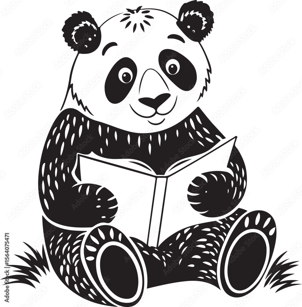 Obraz premium A cute panda is reading a book, panda vector design, panda silhouette, panda transparent background