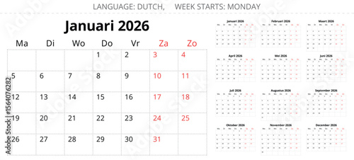 Dutch calendar planner for 2026. Vector illustration set Dutch. 12 months year kalender