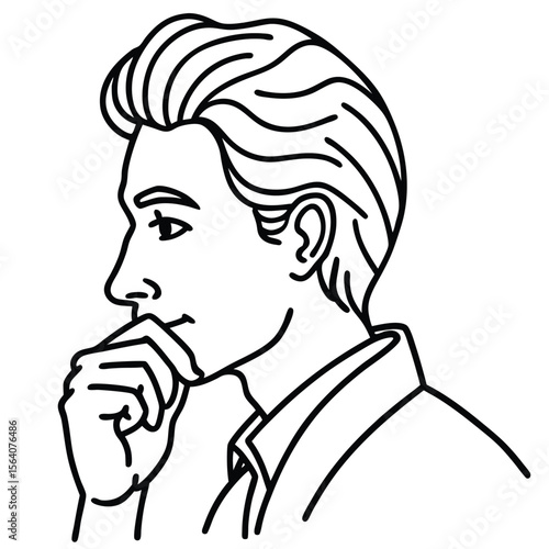 Man in profile with hand on chin thinking vector