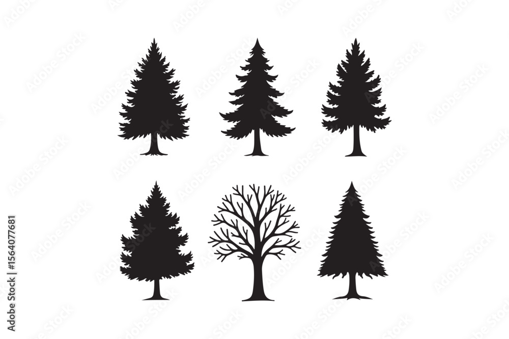 Obraz premium Collection of black silhouette trees including pine and bare branches