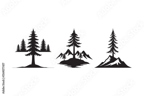Silhouettes of pine trees and mountains in a natural landscape