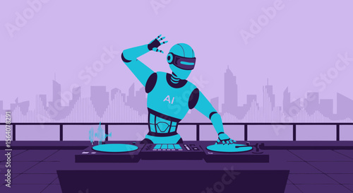Artificial Intelligence Enlivening Music Robot Dj Performing At Rooftop Party