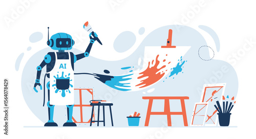 Artificial Intelligence Robot Painting Creative Masterpiece With Brush On Canvas