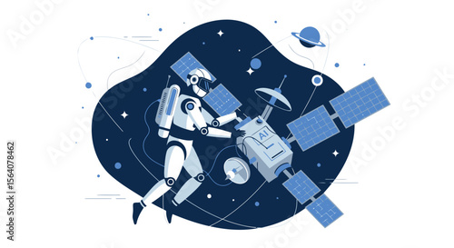Artificial Intelligence Robot Repairing Satellite Station In Outer Space Illustration