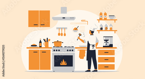 Chef Cooking Culinary Delights In A Modern Kitchen With A Recipe Guide