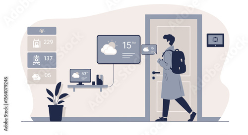 Connected Home Automation Leaving His House with Smart Home Devices Displays