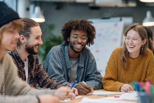 Diverse group of young adults happily collaborating around a table, engaged in a creative project, writing and drawing together in a bright, modern office space
