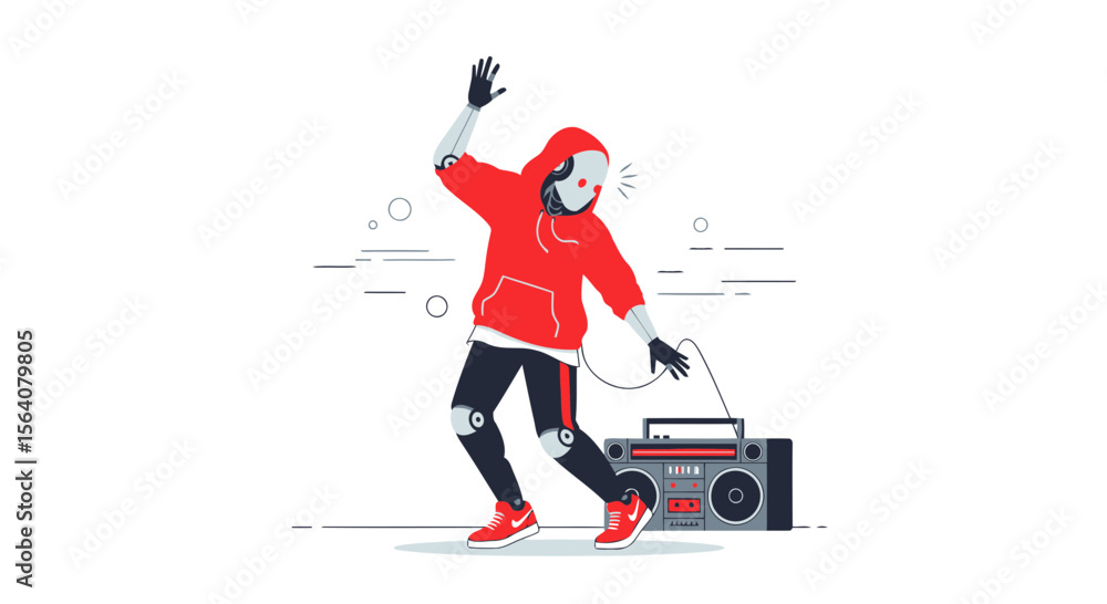 Obraz premium Dancing Robot Grooves With Retro Boombox For Tech Enthusiast And Music Loving Audiences
