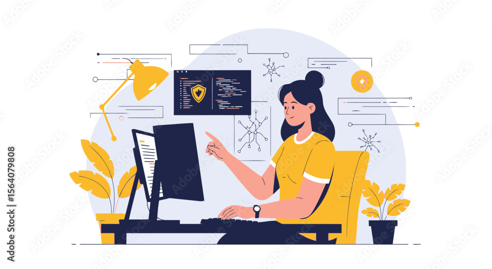 Naklejka premium Cybersecurity Engineer Analyzing Network Data On Multiple Displays Illustration