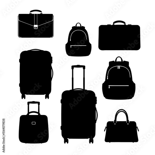 A collection of black silhouette luggage and bags isolated on white background, including suitcases, backpacks, briefcases, and duffel bags