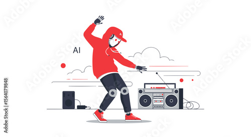 Dancing Ai Robot Enjoying Music From A Retro Boombox In A Modern Flat Illustration Style