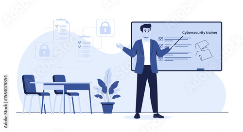 Cybersecurity Trainer Explaining Data Protection And Network Security Strategies