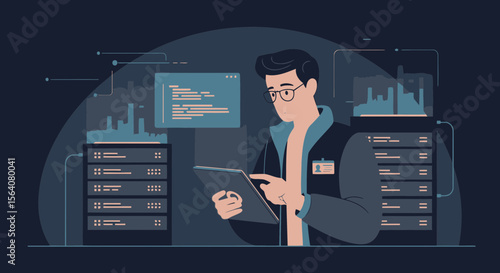 Data Center Technician With Tablet Inspecting Servers And Network Performance