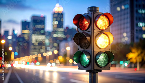 Fototapeta Naklejka Na Ścianę i Meble -  Urban Traffic Signal: A close-up view of a traffic signal against the backdrop of a vibrant cityscape, with the city lights blurred in the background, it captures the city's pulse.