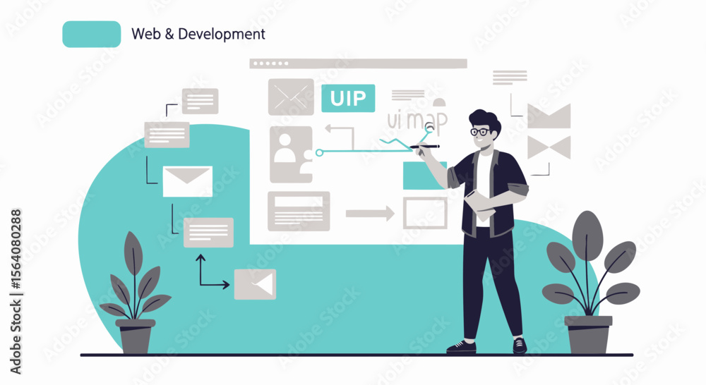 Designer Planning User Interface With Flowchart And UI Map On Whiteboard Designer Planning User Interface With Flowchart And UI Map On Whiteboard