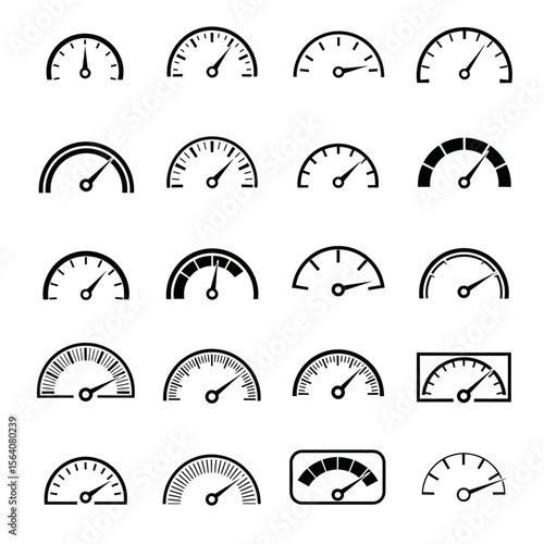 A collection of various gauge and speedometer icons, isolated on white background, representing measurement and performance indicators